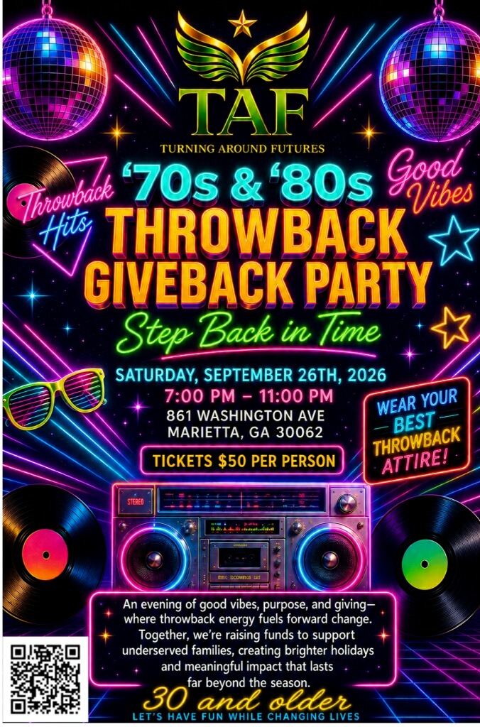 TAF Turning Around Futures '70s & '80s Throwback Giveback Party flyer